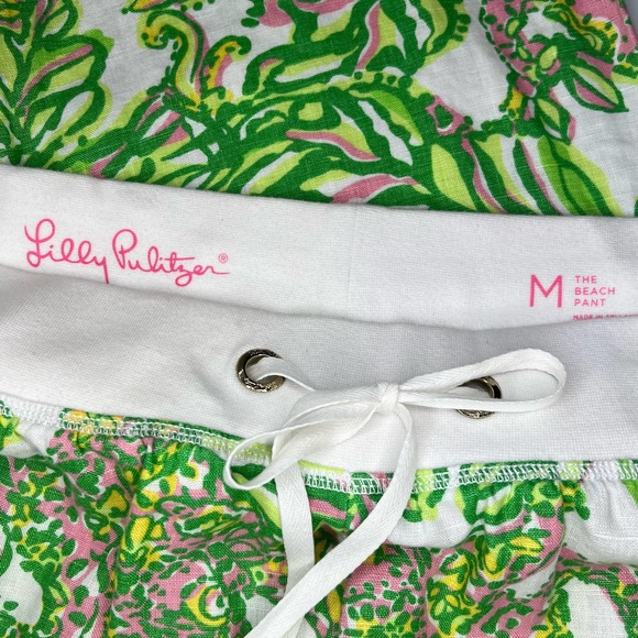 Lilly Pulitzer The Beach Pant Linen In Seeing Pink Elephants Print Wide Leg M - Picture 9 of 10